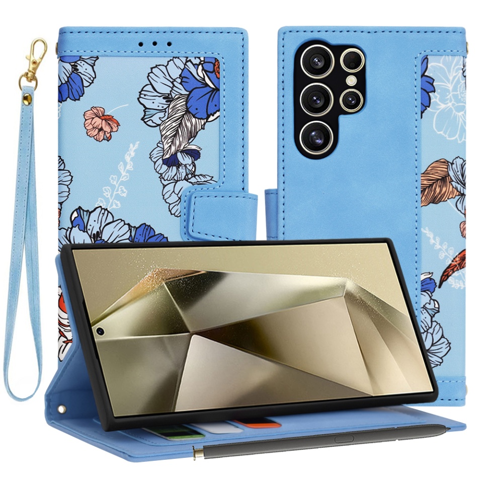 Husa pentru Samsung Galaxy S24 Ultra din Piele Ecologică cu Design Floral, Protecție 360°, Stand Integrat, Buzunare pentru Carduri, SKDR Floral Wallet - Bleu