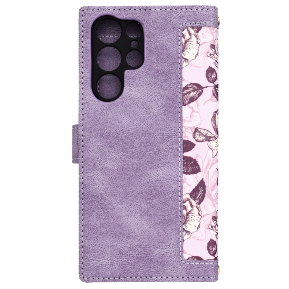 Husa pentru Samsung Galaxy S24 Ultra din Piele Ecologică cu Design Floral, Protecție 360°, Stand Integrat, Buzunare pentru Carduri, SKDR Floral Wallet - Mov - 3 | YEO