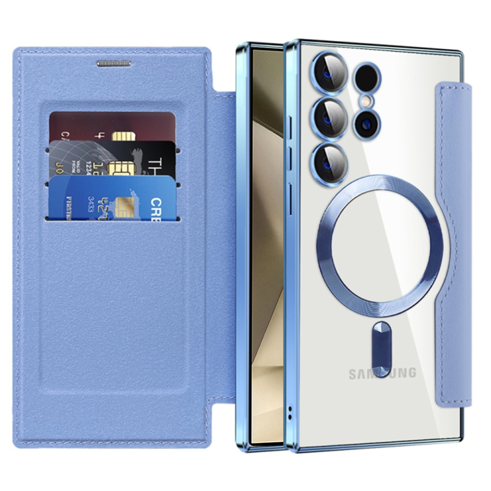 Husa pentru Samsung Galaxy S24 Ultra tip carte, SKYDDAR INOVATION, SmartMag Book, Magsafe, RFiD, Suport Carduri, set cu sticker, Bleu
