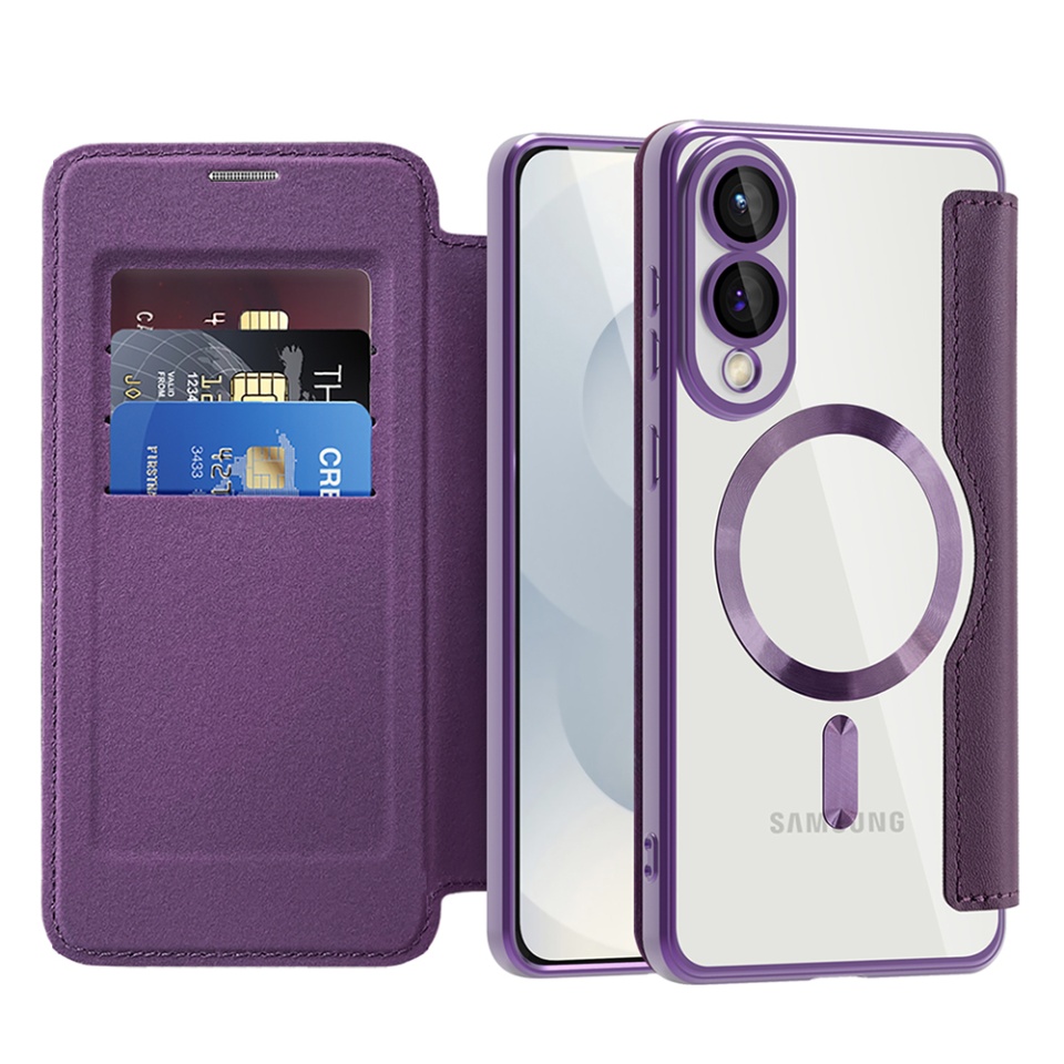 Husa pentru Samsung Galaxy S25 Edge tip carte, SKYDDAR INOVATION, SmartMag Book, Magsafe, RFiD, Suport Carduri, set cu sticker, Mov