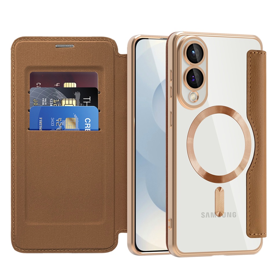 Husa pentru Samsung Galaxy S25 Edge tip carte, SKYDDAR INOVATION, SmartMag Book, Magsafe, RFiD, Suport Carduri, set cu sticker, Maro