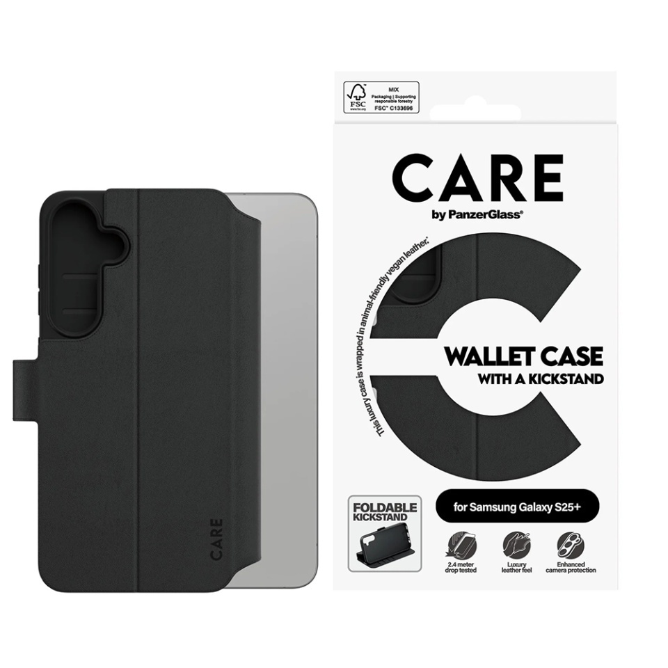 Husa pentru Samsung Galaxy S25 Plus, PanzerGlass, CARE Feature Kickstand Wallet Case, Tip Carte cu Inchidere Magnetica, Suport Stand si Slot Card Protectie 360°, Testata la Socuri, Negru - 3 | YEO