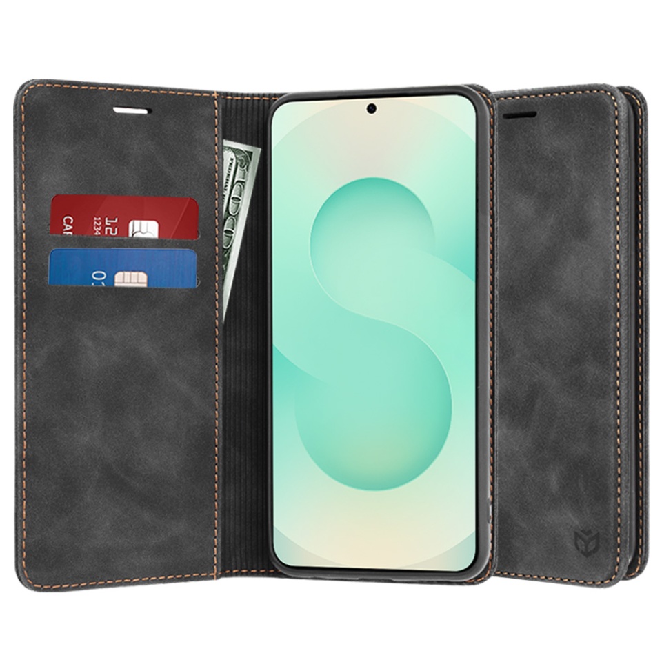 Husa pentru Samsung Galaxy S25 Plus, SKYDDAR INNOVATION, Soft Wallet, tip Carte din piele Eco Premium, cu Portofel Interior, Negru, set cu sticker
