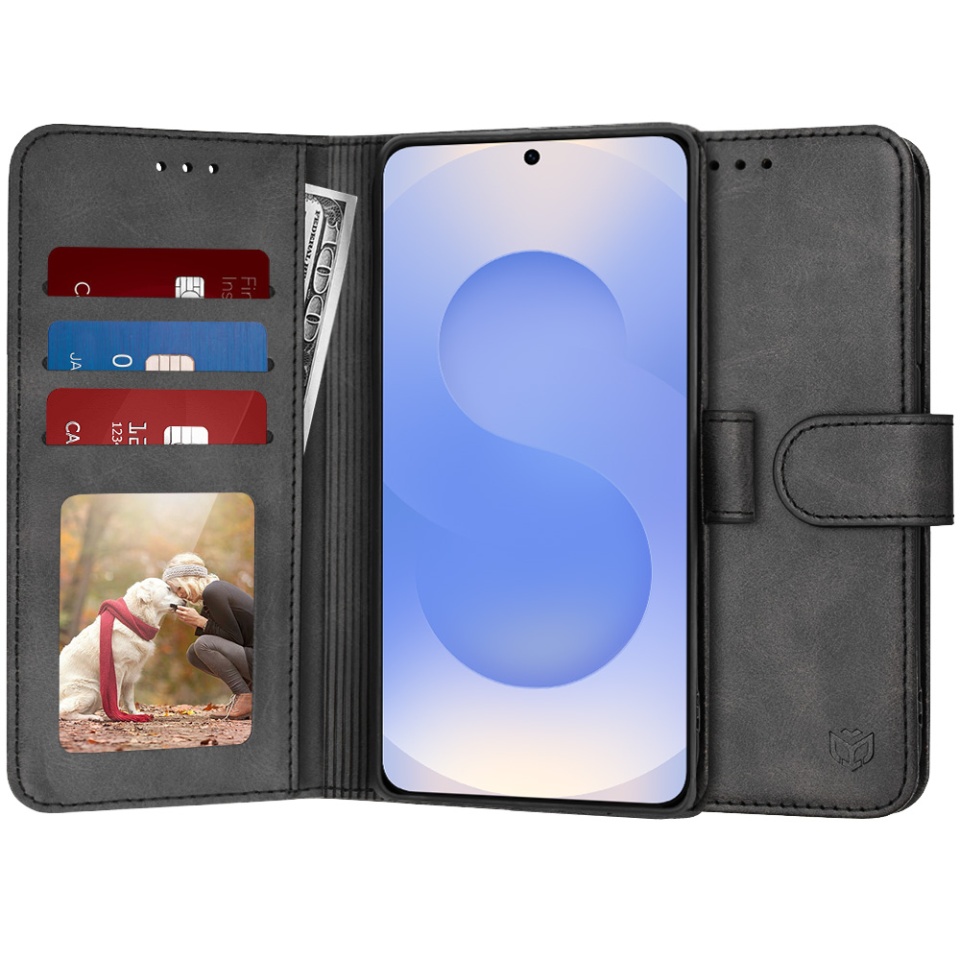Husa pentru Samsung Galaxy S25, SKYDDAR INNOVATION, Diary Book, tip carte, cu Portofel Interior, Antisoc, Negru, set cu sticker
