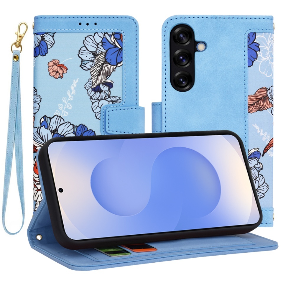 Husa pentru Samsung Galaxy S25, SKYDDAR INNOVATION, Flipcraft din Piele Ecologică, Stand Integrat, Buzunare pentru Carduri, set cu sticker, Bleu