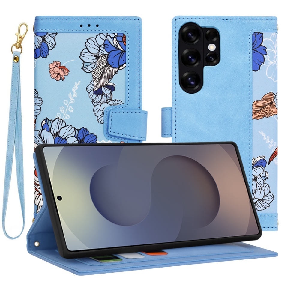 Husa pentru Samsung Galaxy S25 Ultra, SKYDDAR INNOVATION, Flipcraft din Piele Ecologică, Stand Integrat, Buzunare pentru Carduri, set cu sticker, Bleu