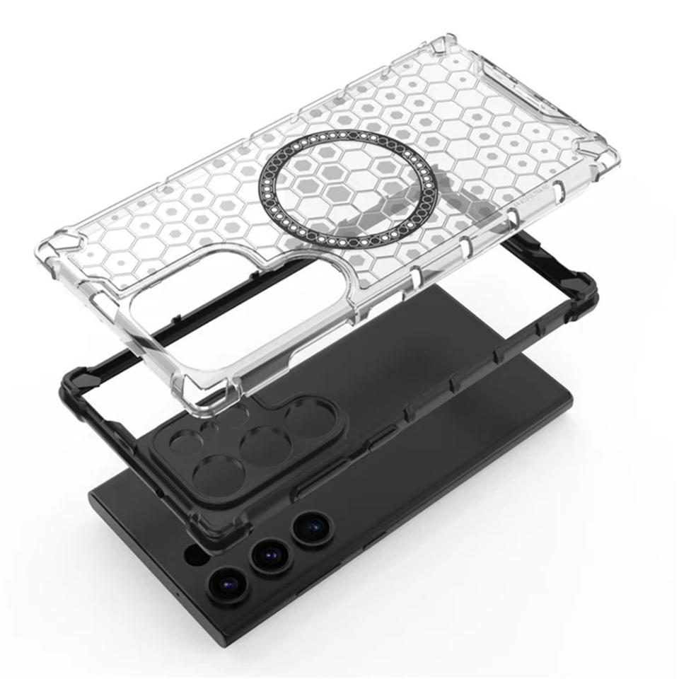 Husa pentru Samsung Galaxy S25 Ultra, SKYDDAR INNOVATION, HoneyComb Shield MagSafe, Negru, set cu sticker - 3 | YEO