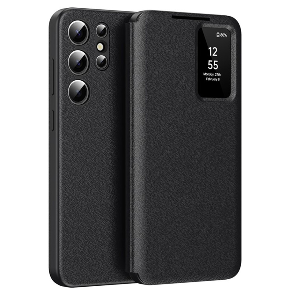 Husa pentru Samsung Galaxy S25 Ultra tip carte, Skyddar, cu portofel si SmartView, Premium, set cu sticker, Negru