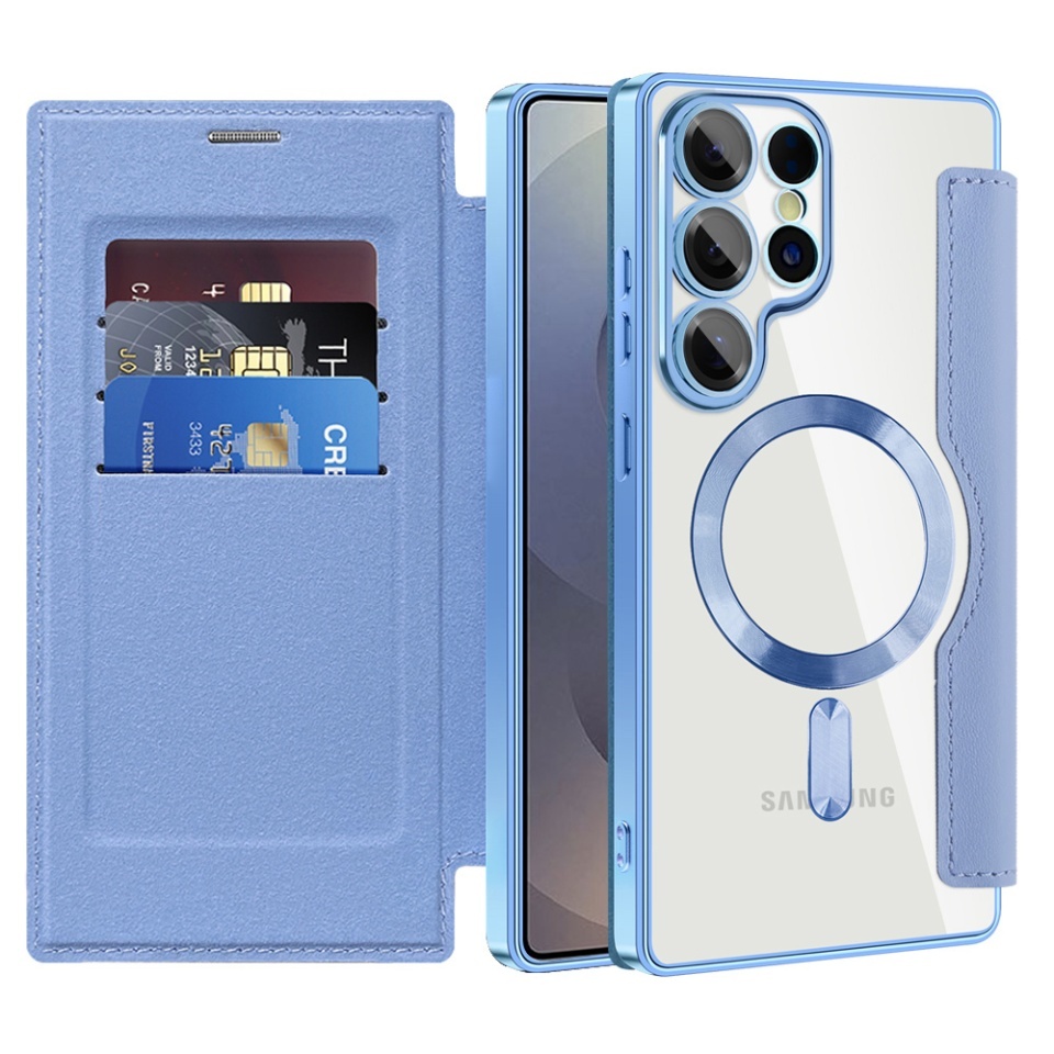 Husa pentru Samsung Galaxy S25 Ultra tip carte, SKYDDAR INOVATION, SmartMag Book, Magsafe, RFiD, Suport Carduri, set cu sticker, Bleu