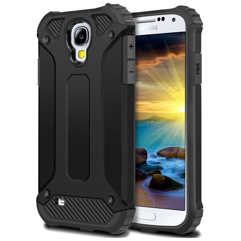 Husa pentru Samsung Galaxy S4 i9500, SKYDDAR INNOVATION, Hybrid Armor, din Plastic Dur, Margini Cauciucate, Antisoc, set cu sticker, Negru