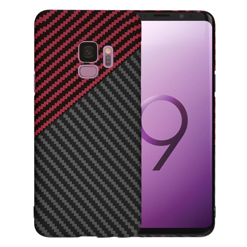 Husa pentru Samsung Galaxy S9, SKYDDAR INNOVATION, textura carbon, Carbonite FiberShell, set cu sticker, Rosu inchis,