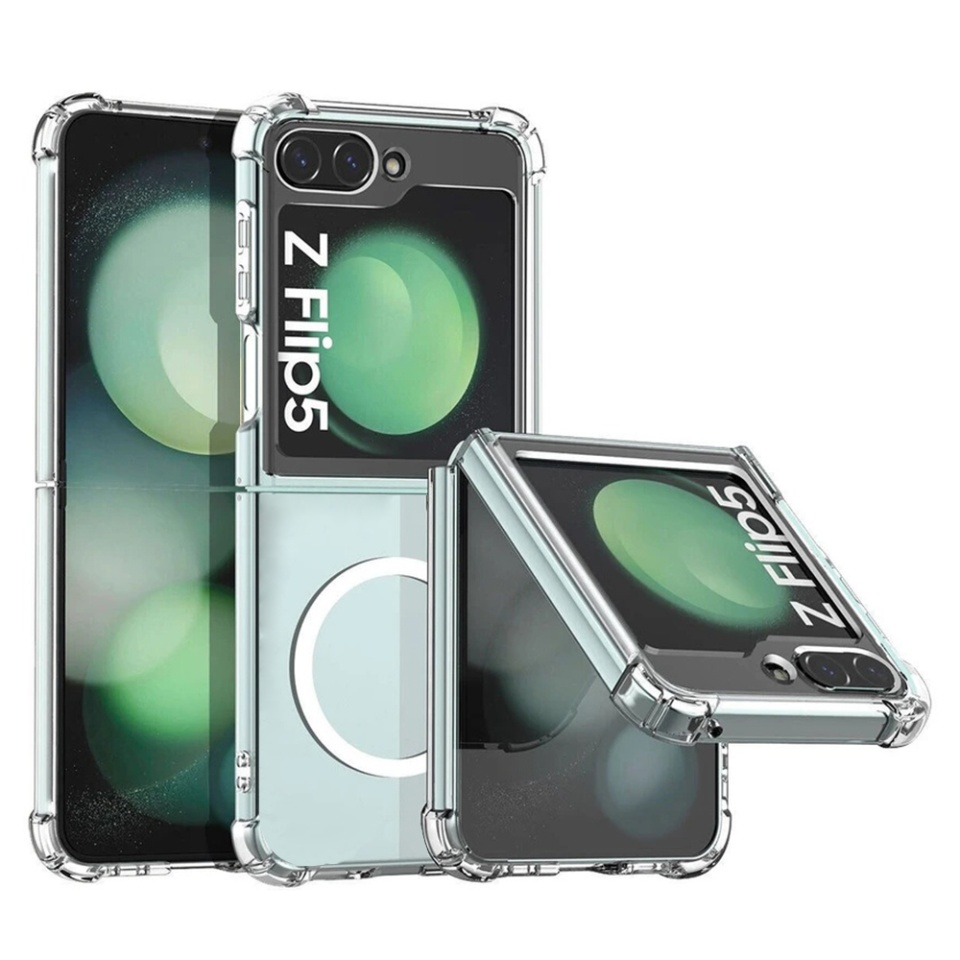 Husa pentru Samsung Galaxy Z Flip5, SKYDDAR INNOVATION, Shockproof MagSafe, Transparenta, set cu sticker
