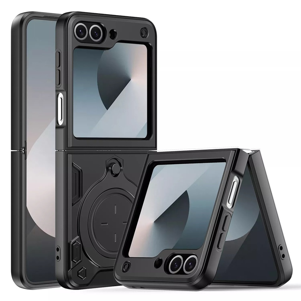 Husa pentru Samsung Galaxy Z Flip6, SKYDDAR INNOVATION, CamGuard Pro, Inel Magnetic, Protectie Camera, set cu sticker, Negru