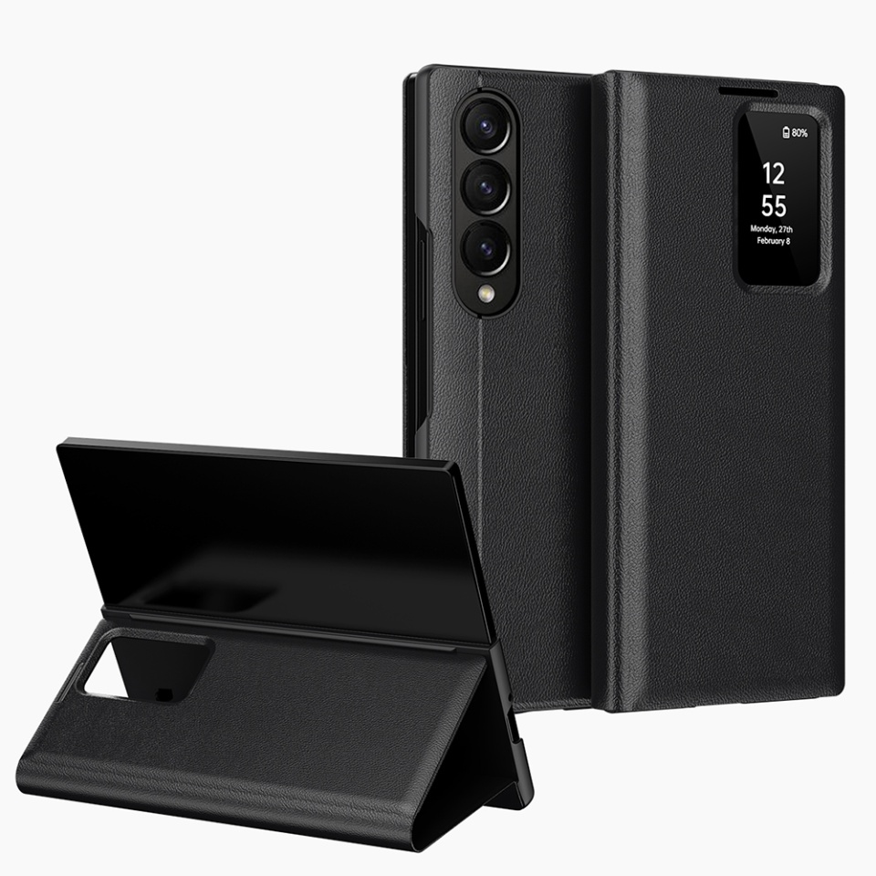 Husa pentru Samsung Galaxy Z Fold3 5G tip carte, Skyddar, cu portofel si SmartView, Premium, set cu sticker, Negru - 1 | YEO