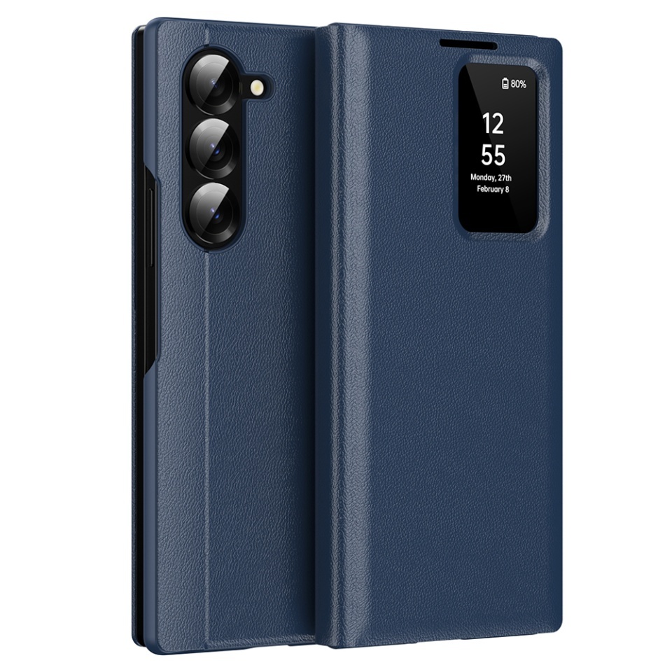 Husa pentru Samsung Galaxy Z Fold5 tip carte, Skyddar, cu portofel si SmartView, Premium, set cu sticker, Albastru