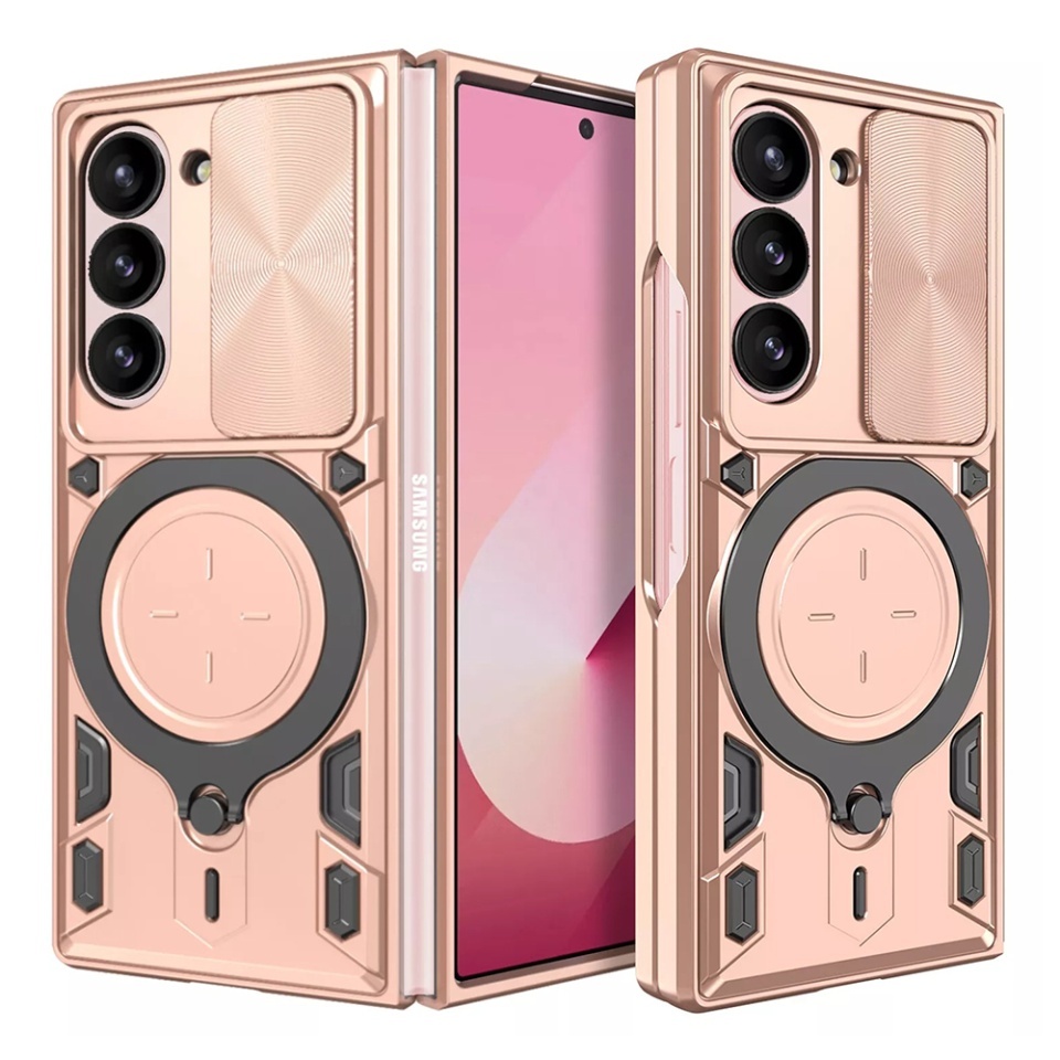 Husa pentru Samsung Galaxy Z Fold6, SKYDDAR INNOVATION, CamGuard Pro, Inel Magnetic, Protectie Camera, set cu sticker, Roz auriu