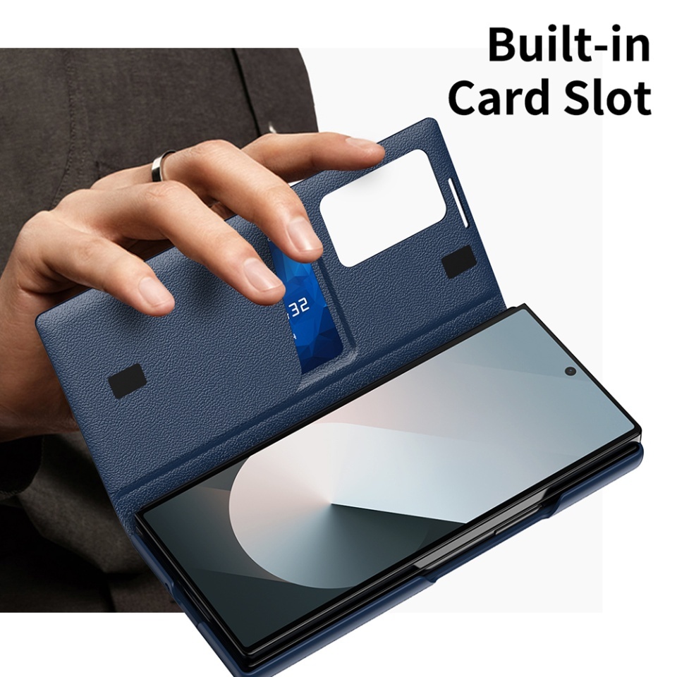 Husa pentru Samsung Galaxy Z Fold6 tip carte, Skyddar, cu portofel si SmartView, Premium, set cu sticker, Albastru - 2 | YEO