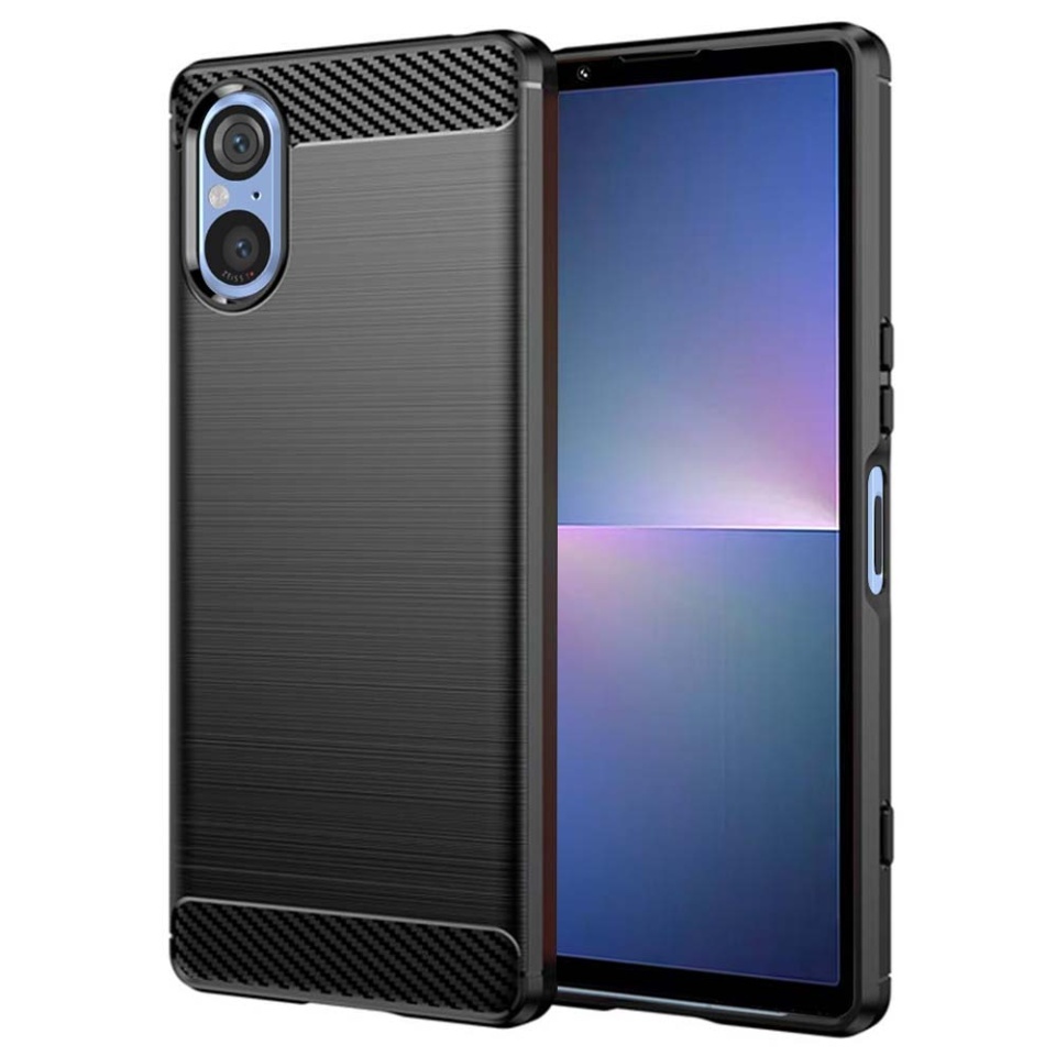 Husa pentru Sony Xperia 5 V, SKYDDAR INNOVATION, Carbon Silicone, din Silicon Slim, cu textura Fibra Carbon, set cu sticker, Negru