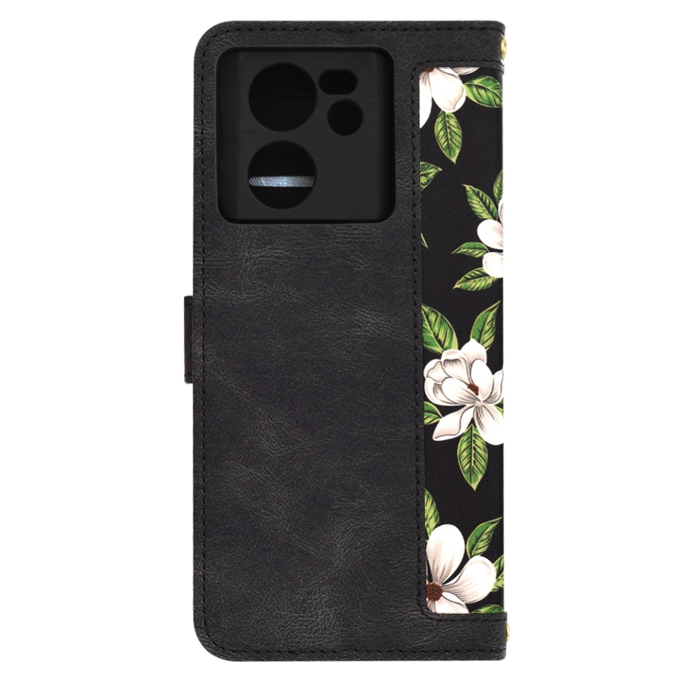 Husa pentru Xiaomi 13T / 13T Pro din Piele Ecologică cu Design Floral, Protecție 360°, Stand Integrat, Buzunare pentru Carduri, SKDR Floral Wallet - Negru - 3 | YEO