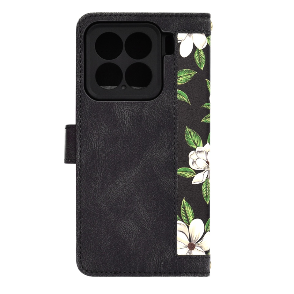 Husa pentru Xiaomi 15 din Piele Ecologică cu Design Floral, Protecție 360°, Stand Integrat, Buzunare pentru Carduri, SKDR Floral Wallet - Negru - 3 | YEO