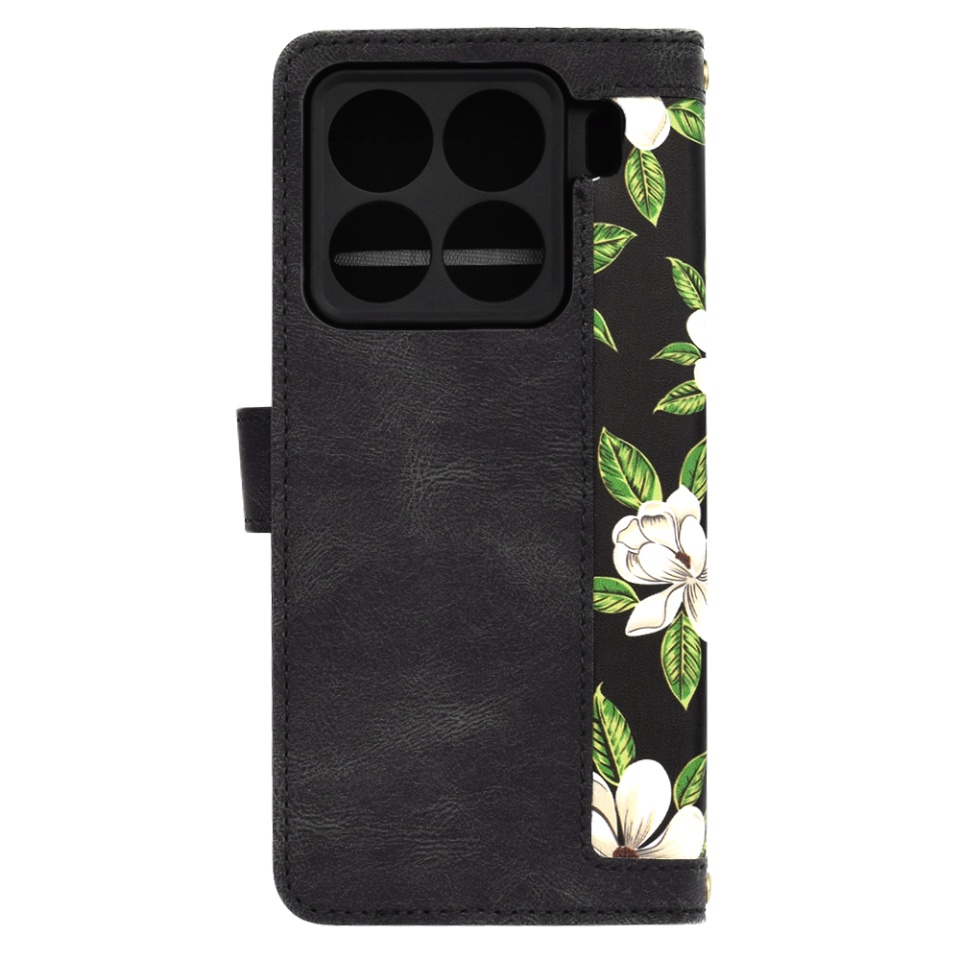 Husa pentru Xiaomi 15 Pro din Piele Ecologică cu Design Floral, Protecție 360°, Stand Integrat, Buzunare pentru Carduri, SKDR Floral Wallet - Negru - 3 | YEO
