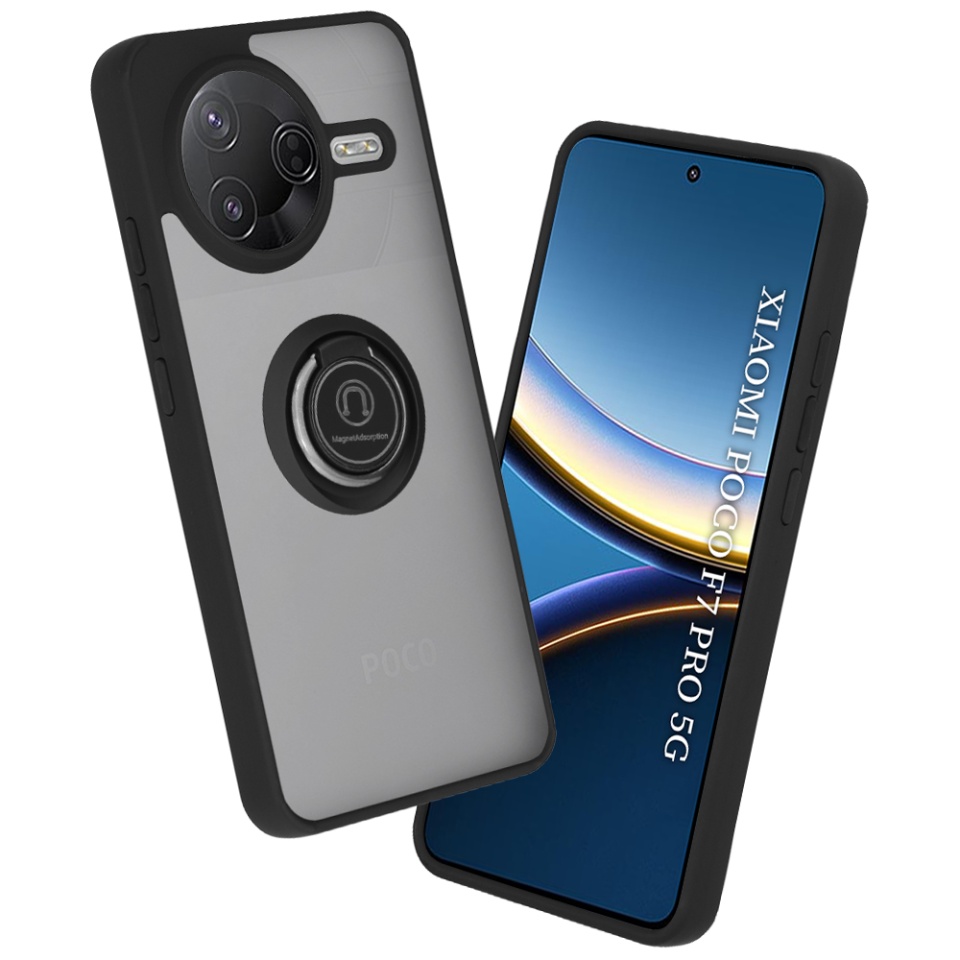 Husa pentru Xiaomi Poco F7 Pro, SKYDDAR INNOVATION, Glinth cu Inel Rotativ 360° Magnetic, set cu sticker, Negru