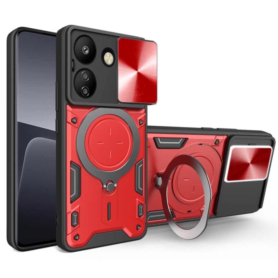 Husa pentru Xiaomi Redmi 13C 4G / Poco C65, cu inel magnetic si suport ajustabil, protecție completa camera, SKDR SafeCover - Rosu