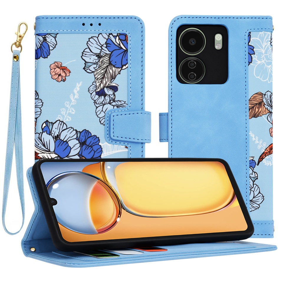 Husa pentru Xiaomi Redmi 13C 4G / Poco C65 din Piele Ecologică cu Design Floral, Protecție 360°, Stand Integrat, Buzunare pentru Carduri, SKDR Floral Wallet - Bleu