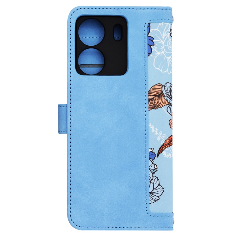 Husa pentru Xiaomi Redmi 13C 4G / Poco C65 din Piele Ecologică cu Design Floral, Protecție 360°, Stand Integrat, Buzunare pentru Carduri, SKDR Floral Wallet - Bleu - 3 | YEO