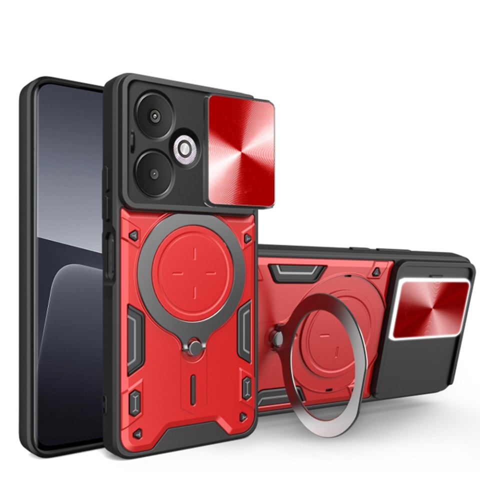 Husa pentru Xiaomi Redmi 13C 5G / Poco M6, cu inel magnetic si suport ajustabil, protecție completa camera, SKDR SafeCover - Rosu