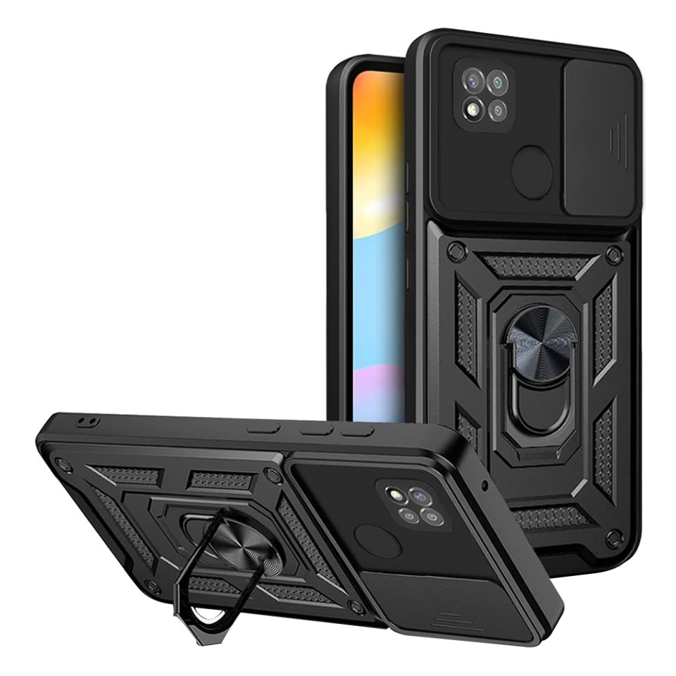 Husa pentru Xiaomi Redmi 9C NFC / Redmi 9C, SKYDDAR INNOVATION, CamShield, Inel magnetic, set cu sticker, Negru