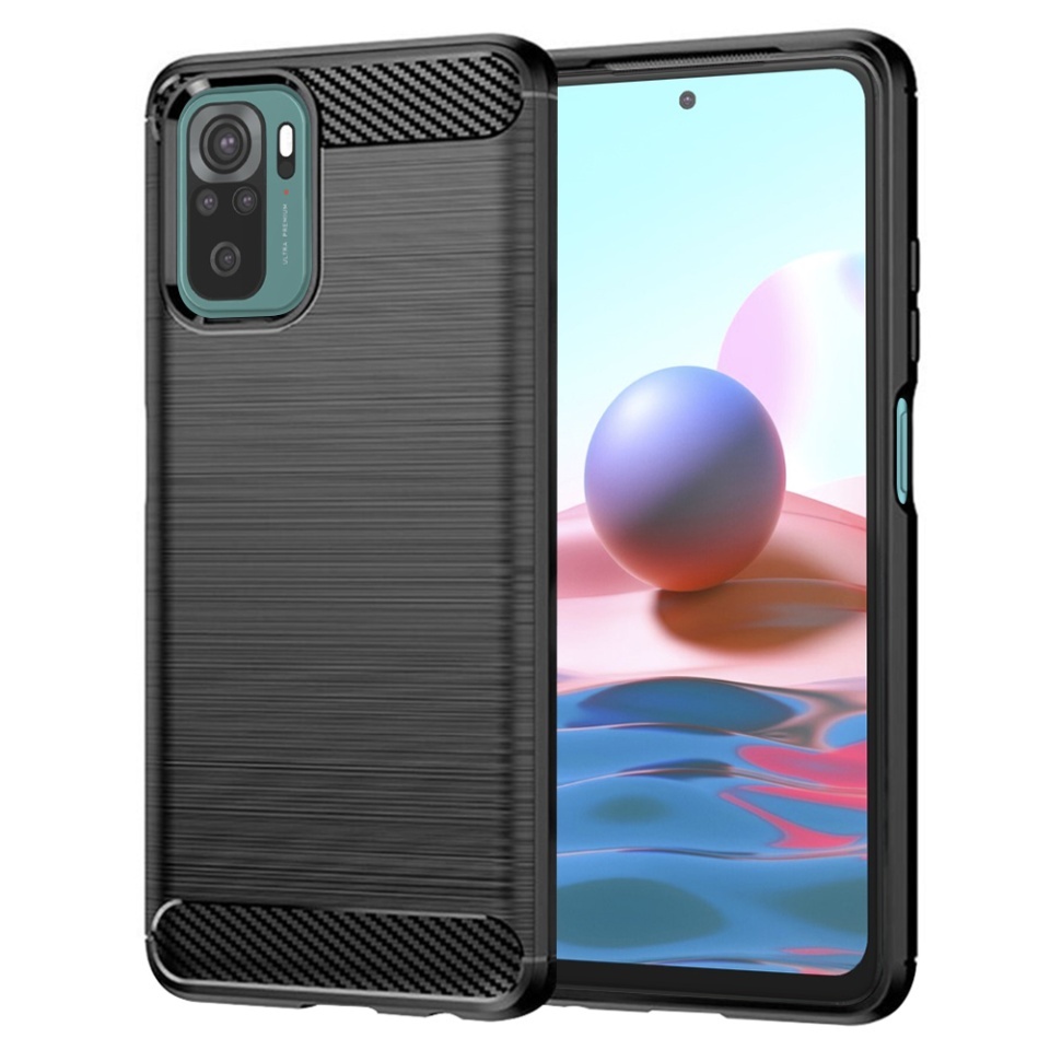 Husa pentru Xiaomi Redmi Note 10 4G / Redmi Note 10S / Poco M5s, SKYDDAR INNOVATION, Carbon Silicone, din Silicon Slim, cu textura Fibra Carbon, set cu sticker, Negru