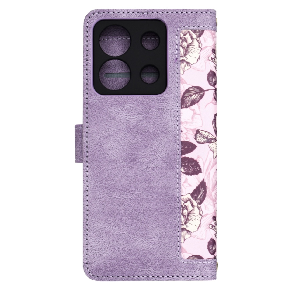 Husa pentru Xiaomi Redmi Note 13 5G din Piele Ecologică cu Design Floral, Protecție 360°, Stand Integrat, Buzunare pentru Carduri, SKDR Floral Wallet - Mov - 3 | YEO