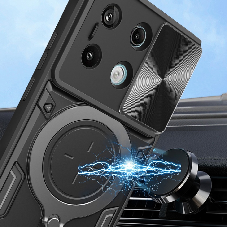 Husa pentru Xiaomi Redmi Note 13 Pro 5G / Poco X6, SKYDDAR INNOVATION, CamGuard Pro, Inel Magnetic, Protectie Camera, set cu sticker, Negru - 2 | YEO