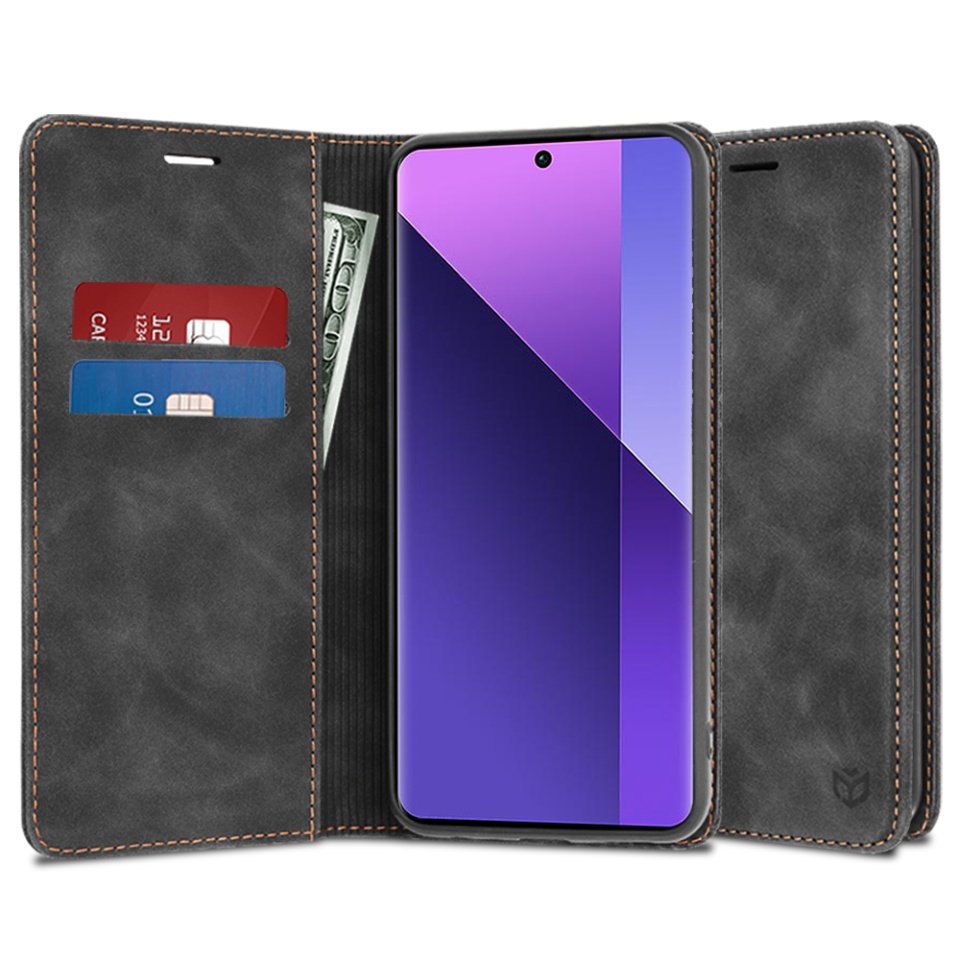 Husa pentru Xiaomi Redmi Note 13 Pro+ 5G, SKYDDAR INNOVATION, Soft Wallet, tip Carte din piele Eco Premium, cu Portofel Interior, Negru, set cu sticker