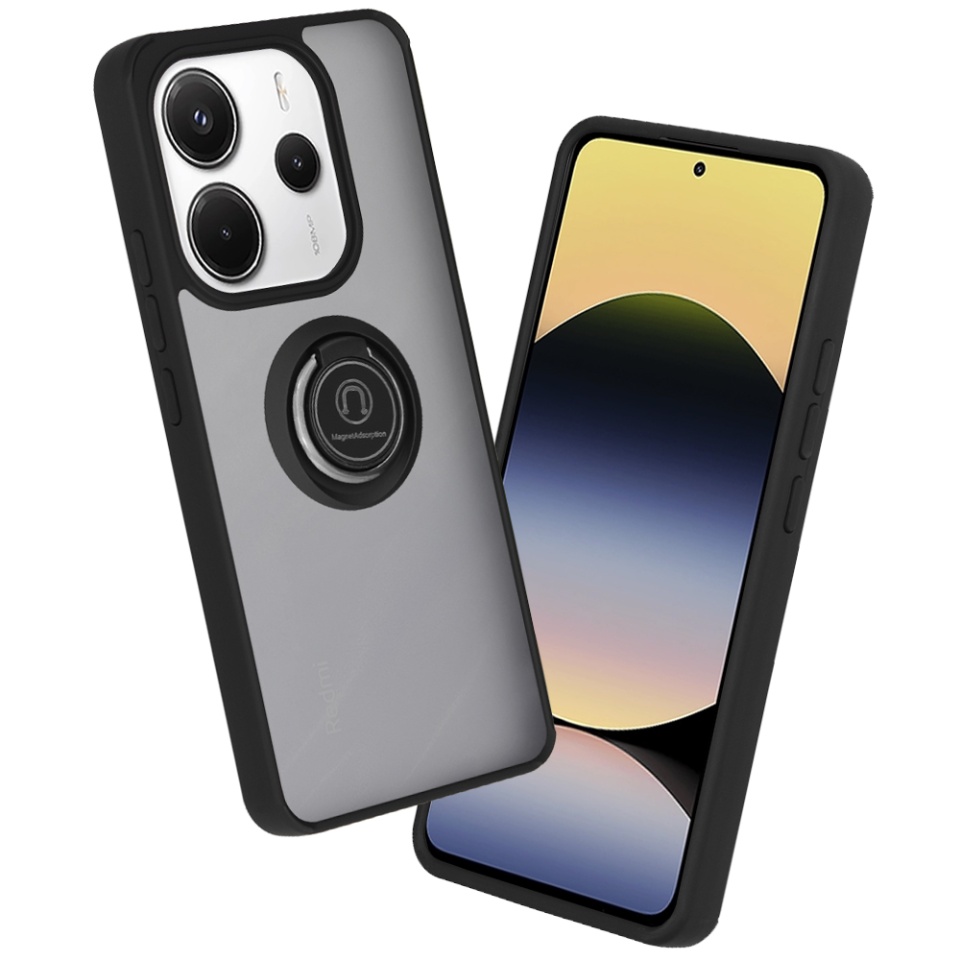 Husa pentru Xiaomi Redmi Note 14 4G (Regional), SKYDDAR INNOVATION, Glinth cu Inel Rotativ 360° Magnetic, Negru, set cu sticker