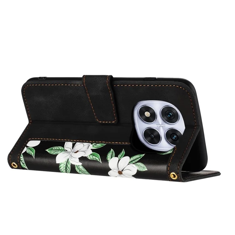 Husa pentru Xiaomi Redmi Note 14 Pro din Piele Ecologică cu Design Floral, Protecție 360°, Stand Integrat, Buzunare pentru Carduri, SKDR Floral Wallet - Negru - 3 | YEO
