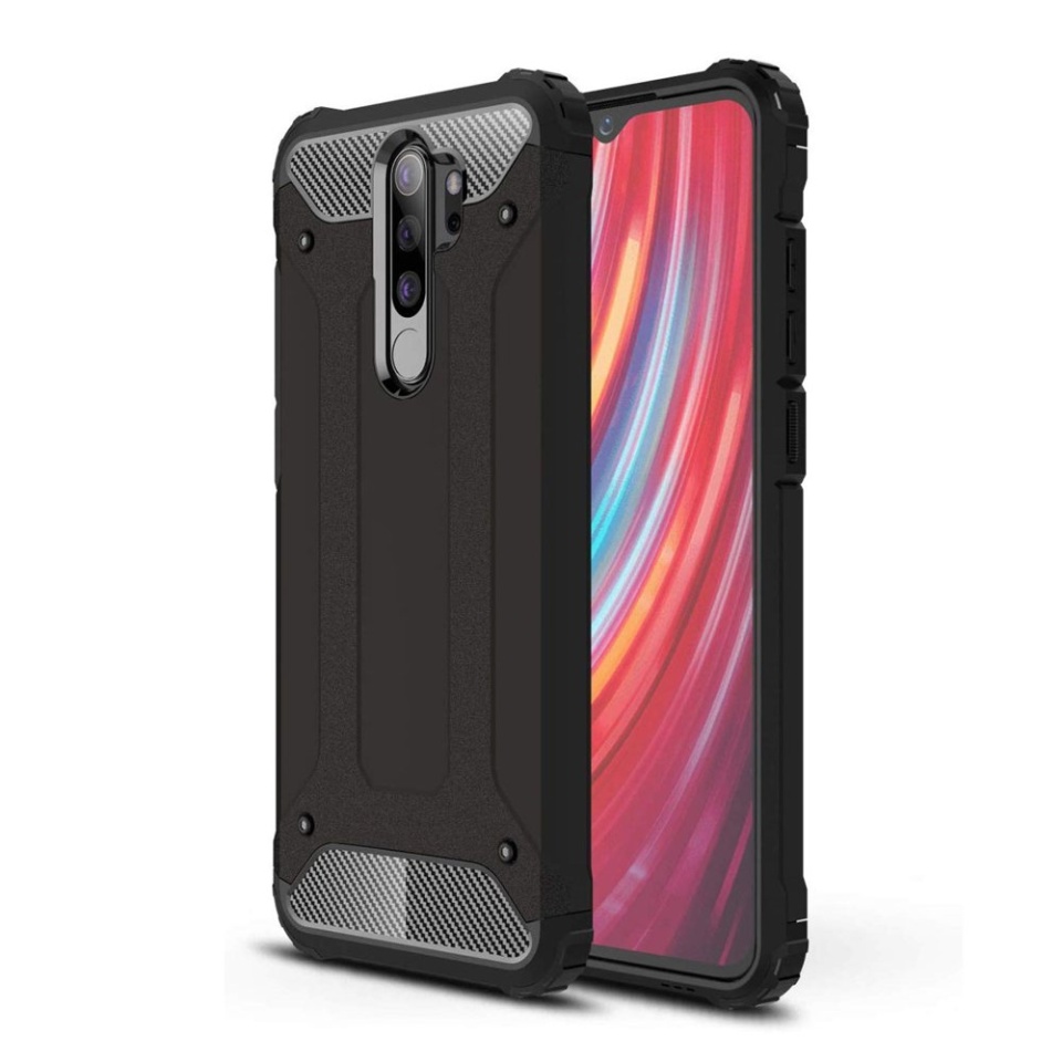 Husa pentru Xiaomi Redmi Note 8 Pro, SKYDDAR INNOVATION, Hybrid Armor, din Plastic Dur, Margini Cauciucate, Antisoc, set cu sticker, Negru