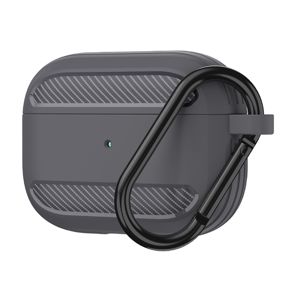 Husa Protectie pentru AirPods 3, din Fibra de Carbon Silicon, cu Breloc Carabina, Incarcare Wireless, EarSafe - Gri