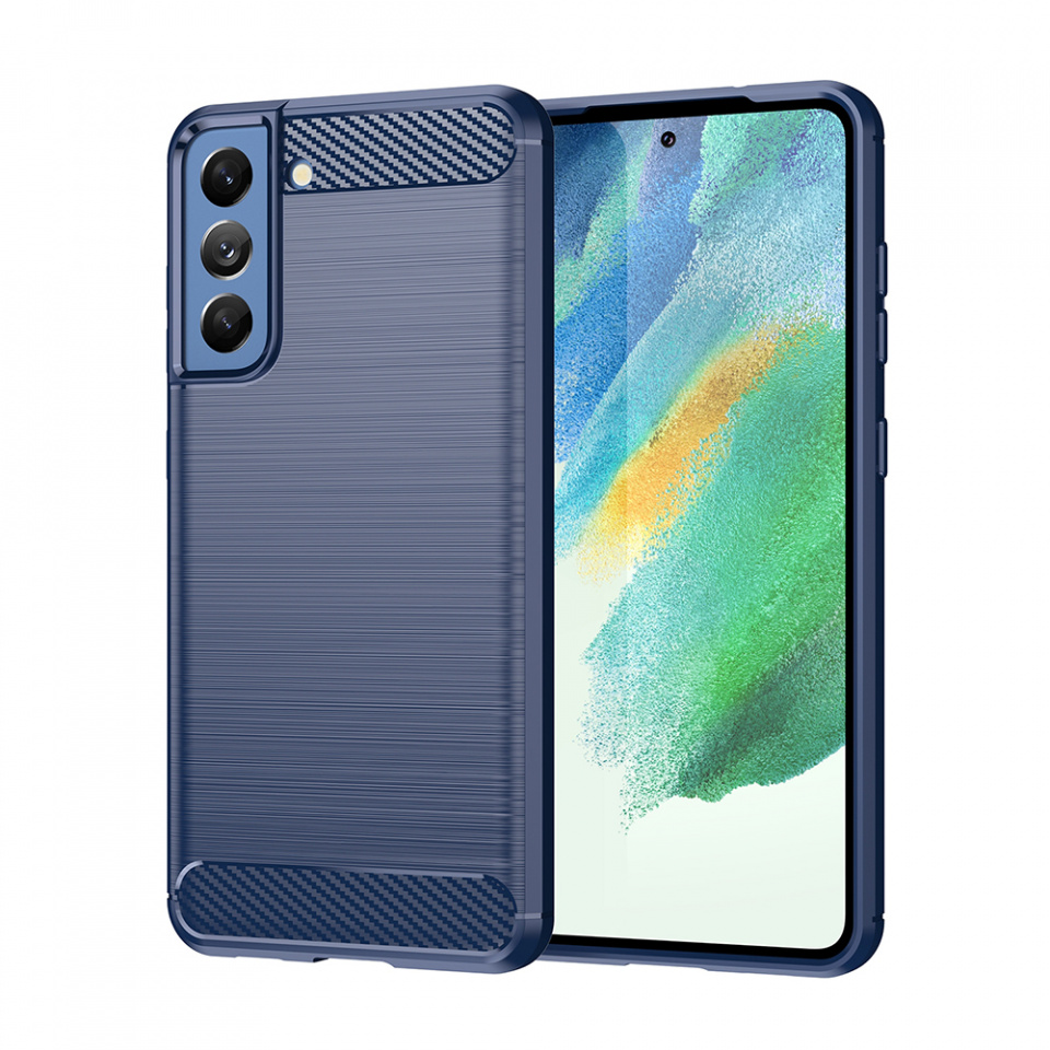 Husa Samsung Galaxy S21 FE 5G din silicon, Slim, cu textură Fibra Carbon - Albastru carbon