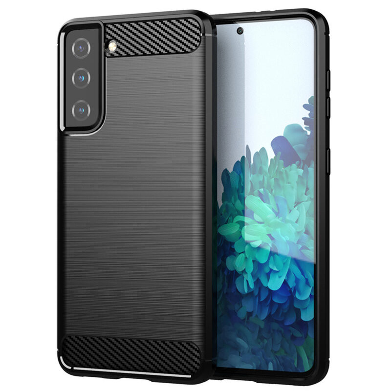 Husa Samsung Galaxy S21 PLUS din silicon, Slim, cu textura Fibra Carbon - Negru