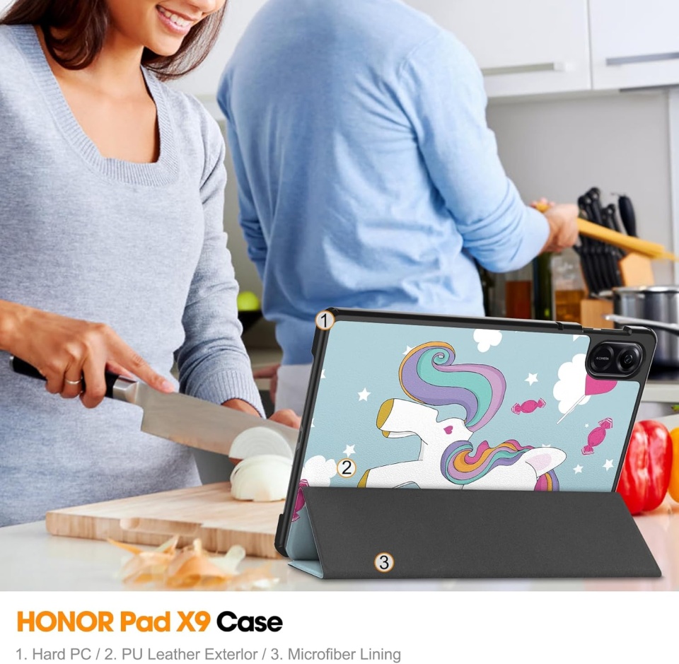 Husa tableta pentru Honor Pad X8a, SKYDDAR INNOVATION, cu suport Multi-Unghi si functie Sleep/Wake, FoldPro, Unicorn, set cu sticker - 1 | YEO