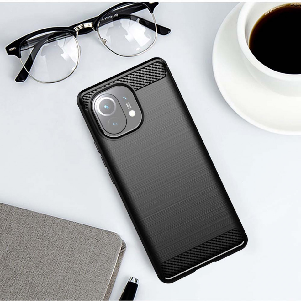 Husa Xiaomi Mi 11 Lite din silicon, Slim, cu textura Fibra Carbon - Negru - 3 | YEO