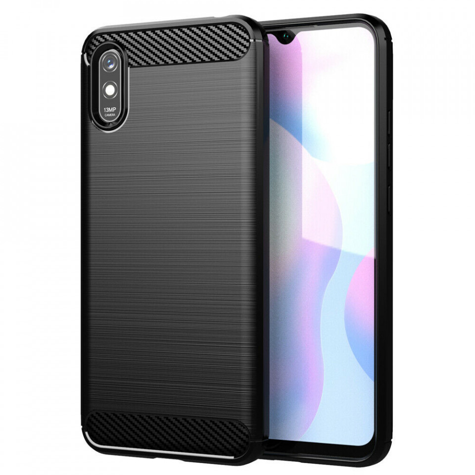 Husa Xiaomi Redmi 9A din silicon, Slim, cu textura Fibra Carbon - Negru