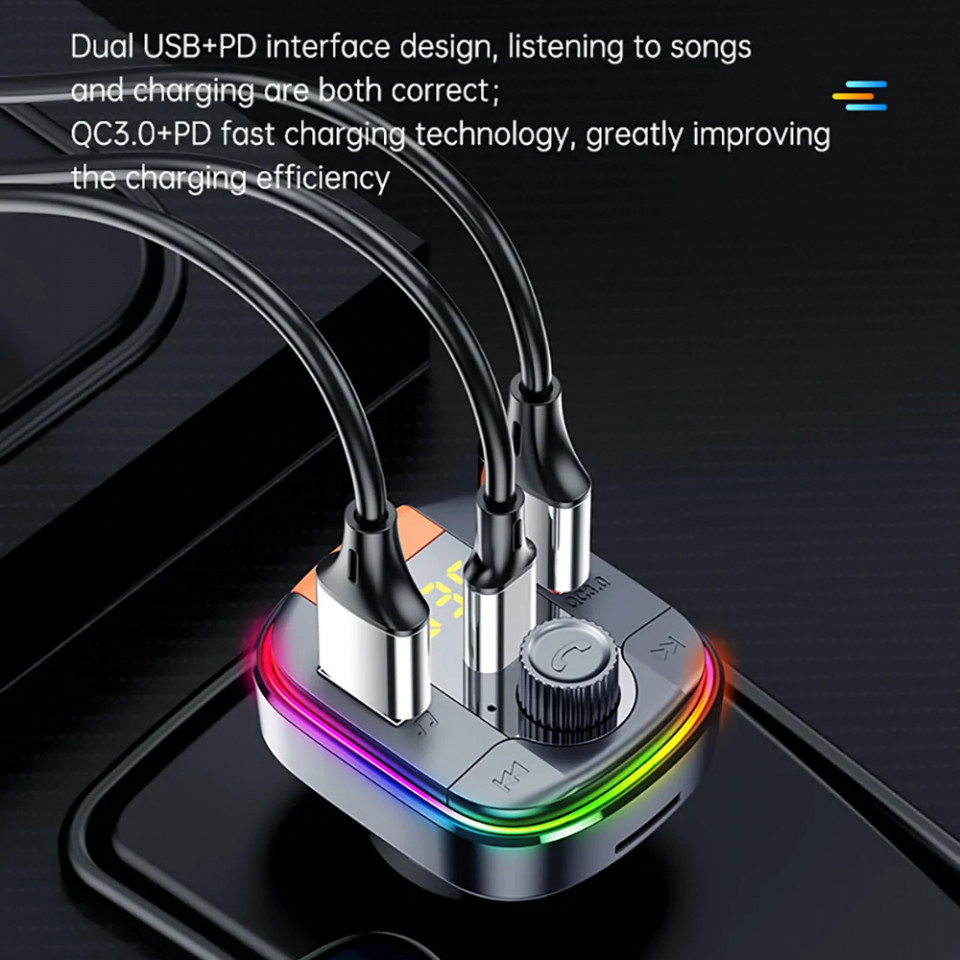 Incarcator Auto cu Modulator FM, Display LED, 2xUSB, Type-C, 18W, Yesido (Y45) - Negru - 3 | YEO