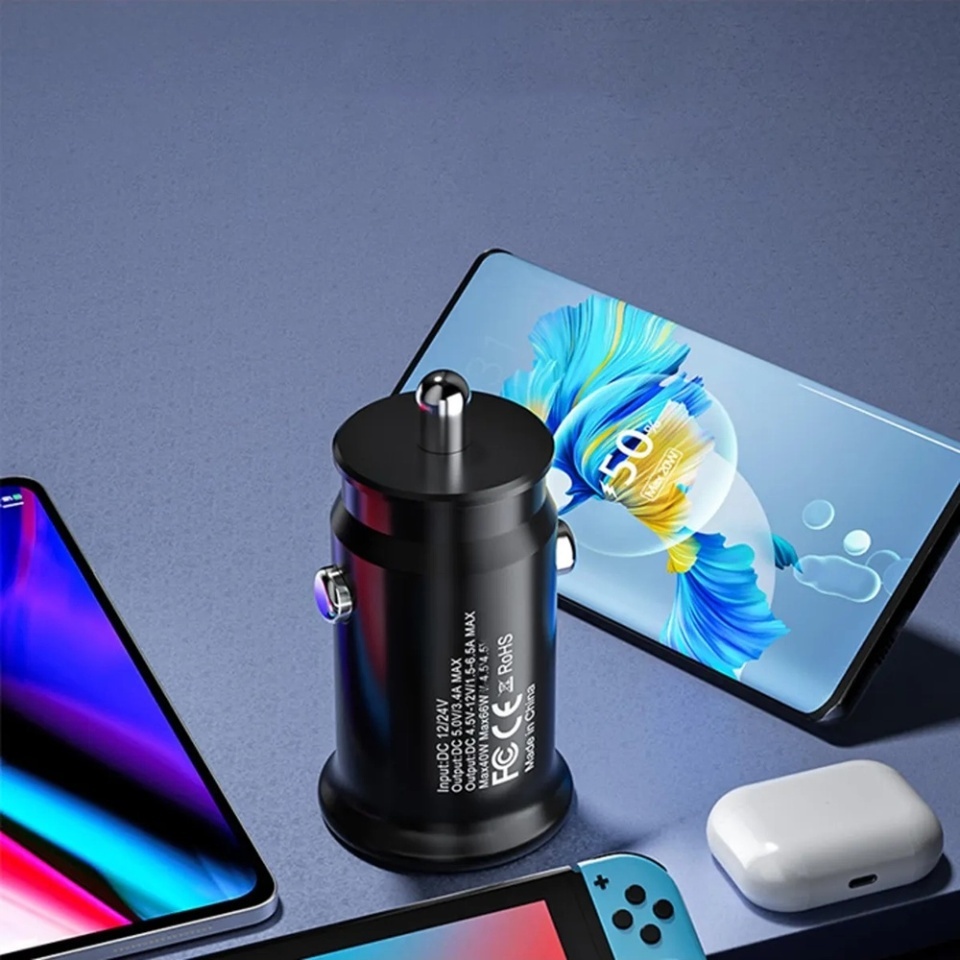 Incarcator Auto Fast Charge PD20W, QC 4.0, Type-C, USB, 2in1, Skyddar MiniFuseX, set cu sticker, Negru - 2 | YEO