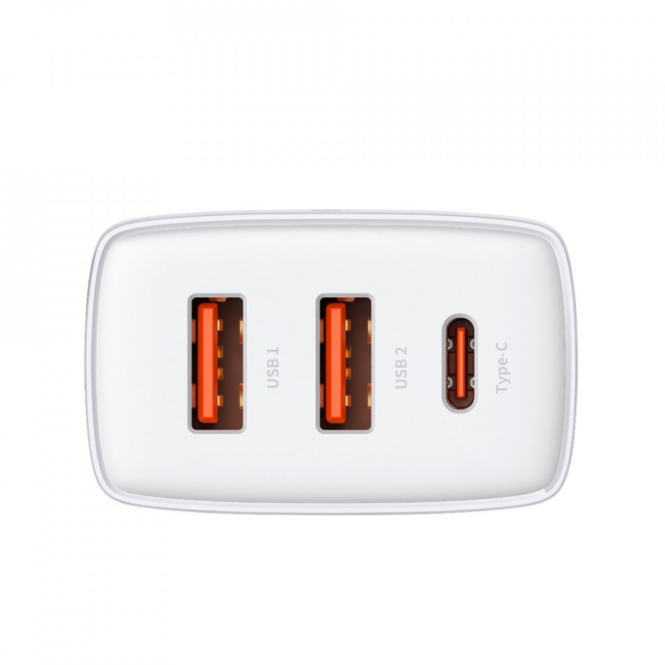 Incarcator priza Compact, USB-C, PD, 30W si 2x USB-A, QC 3A, Baseus (CCXJ-E02) - Alb - 2 | YEO