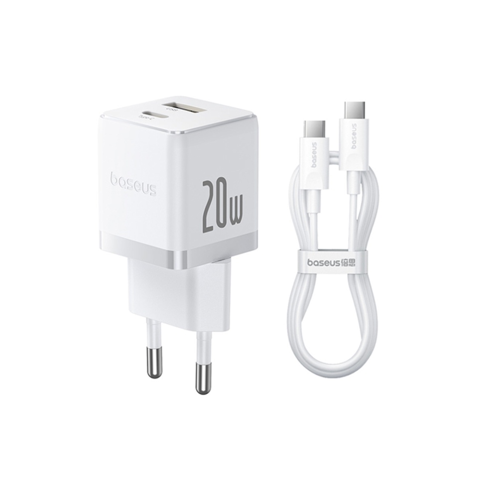 Incarcator Priza cu 2 porturi, Baseus,Type-C Cablu Inclus, 2in1, USB, USB-C, 20W, 5V/3.0A, 1m , Palm 8213, Alb