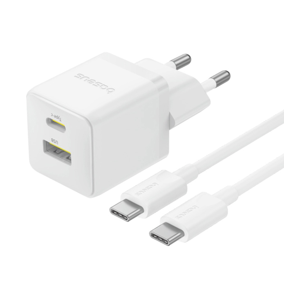Incarcator Priza cu 2 porturi, Baseus,Type-C Cablu Inclus, Fast Charge, 2in1, USB, USB-C, 30W, 20V/3A, Palm, Alb