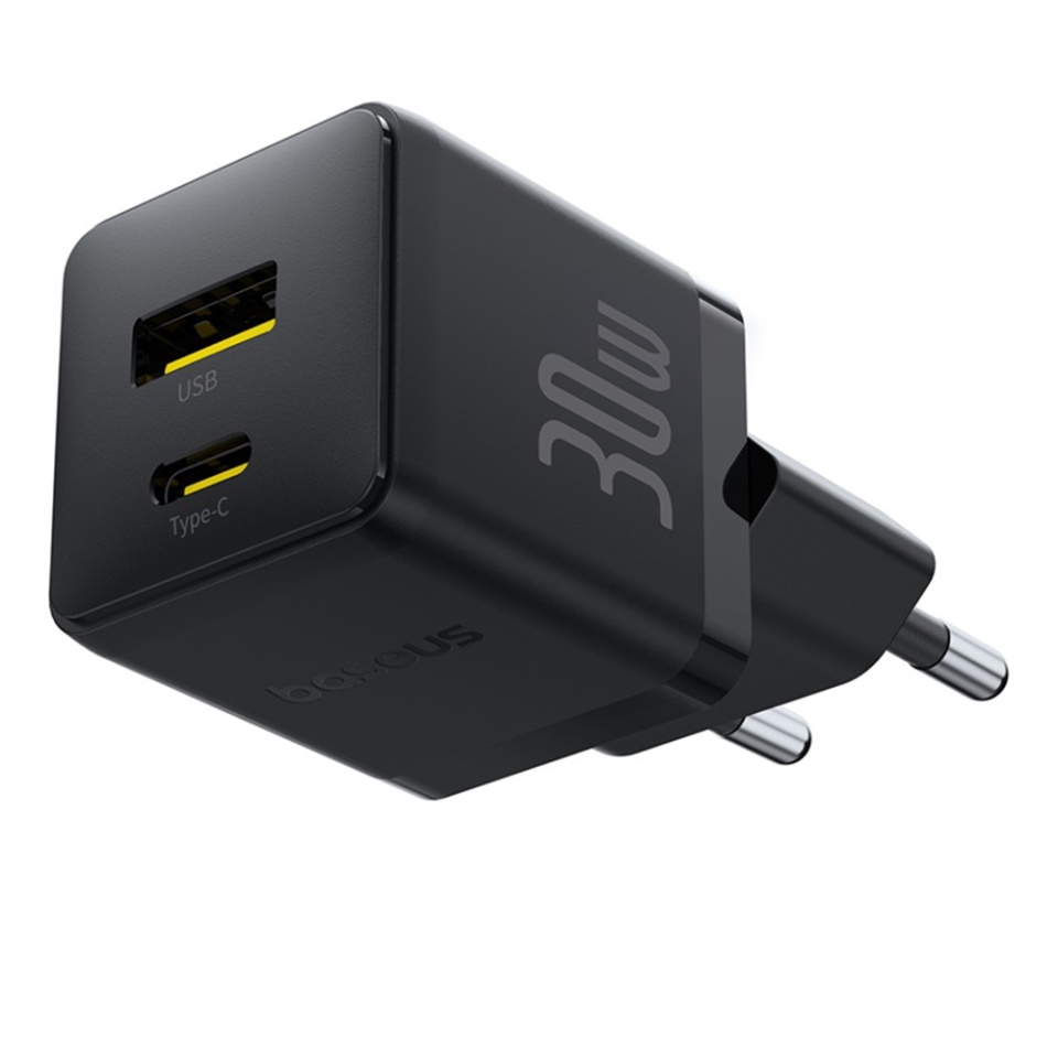 Incarcator Priza cu 2 porturi, Baseus,Type-C Cablu Inclus, Fast Charge, 2in1, USB, USB-C, 30W, 20V/3A, Palm, Negru - 3 | YEO
